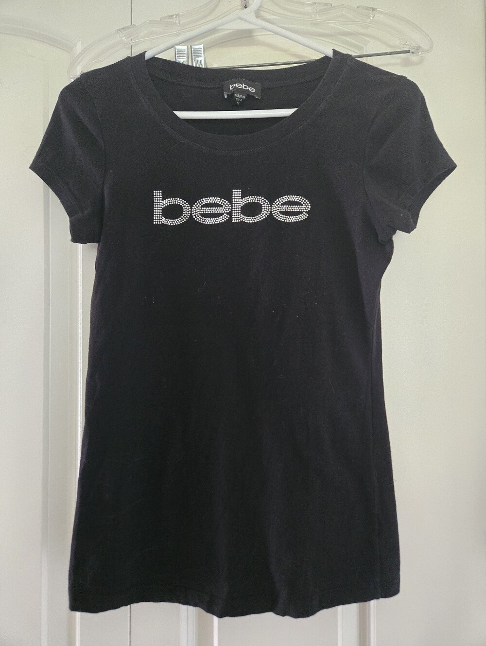 bebe Black Tee with Silver Rhinestone Logo